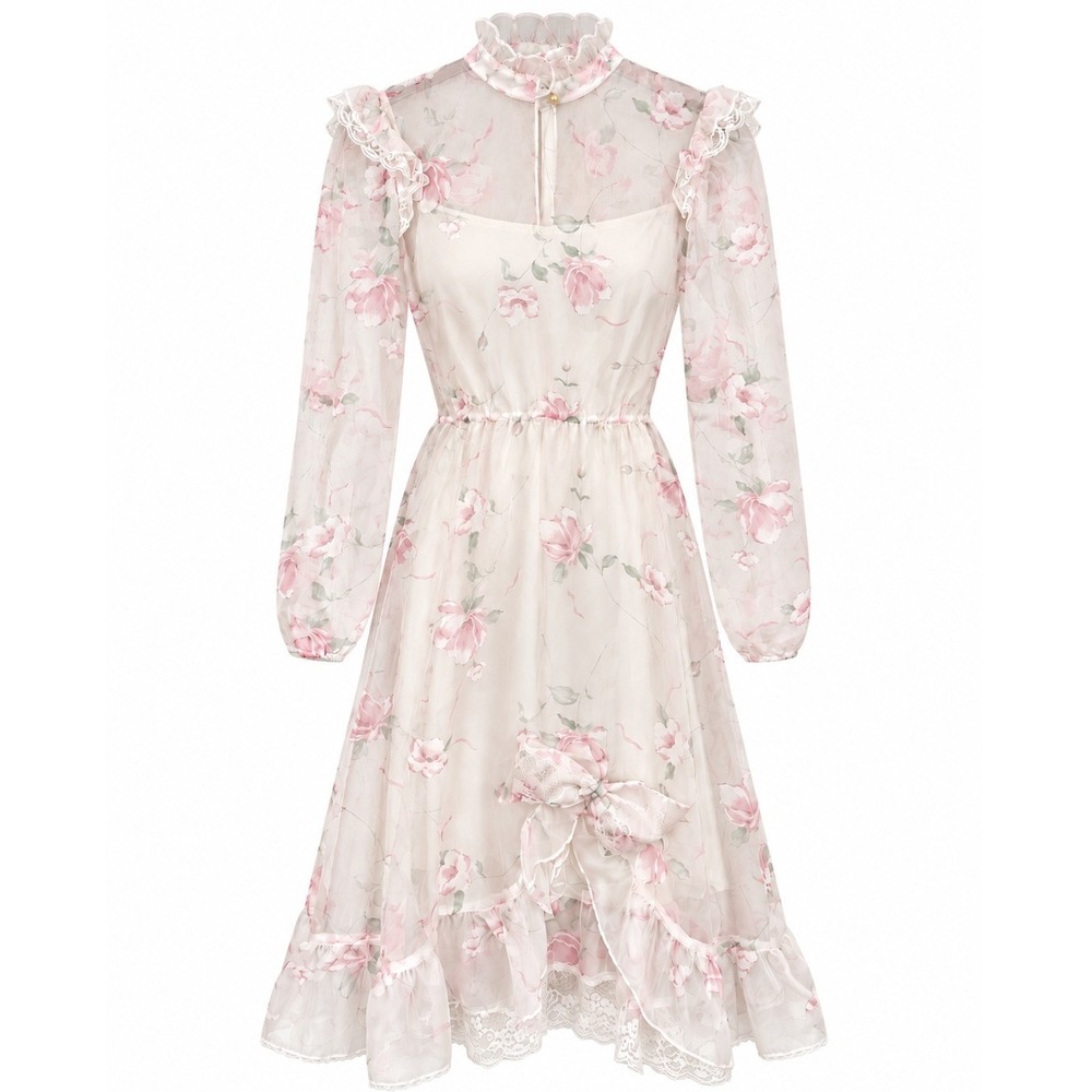 Diamonds Run Floral Sheer Dress Womens Medium White Pink Lace Ruffle Vintage